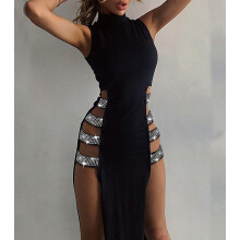Sleeveless Patchwork Split Dress,Black,XXL