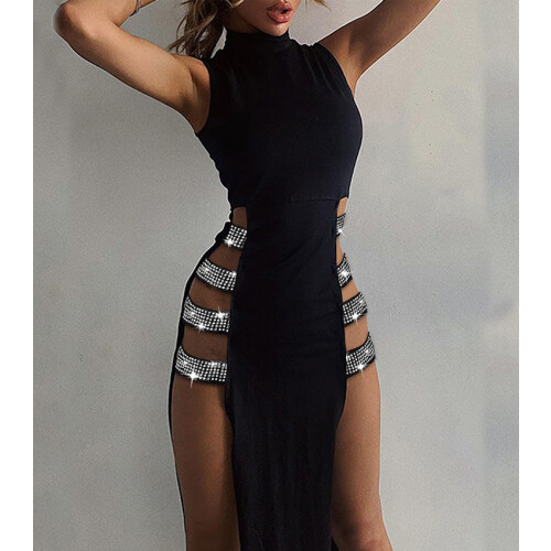 Sleeveless Patchwork Split Dress,Black,XXL