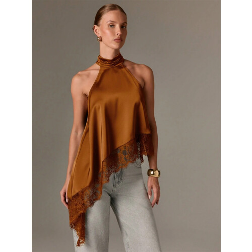 Women's Halter Lace Backless Camisole,Khaki,L