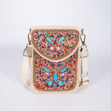 Straw crossbody bag, women's bag, beaded bag, woven women's shoulder bag, mobile phone bag