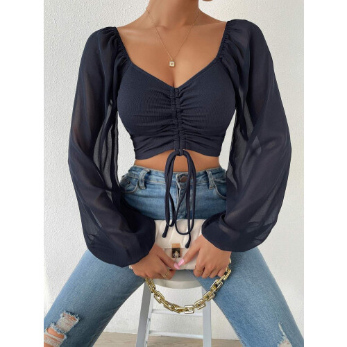 Women's Drawstring Lantern Sleeve Fitted Blouse,Navy Blue,XL