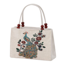 Knitted embroidered tote bag, ethnic style elephant canvas bag, large capacity clutch for women, can hold mobile phone.