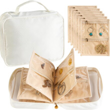 Borsa porta gioielli multifunzionale, beige con 6 scomparti in pile, 20*25*8 cm.