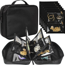Borsa porta gioielli multifunzionale, nera con 6 scomparti in pile, 20*25*8 cm.
