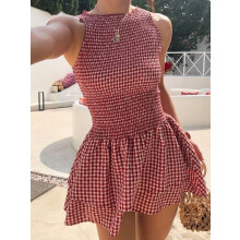 Abito sottoveste da donna a maniche a quadri con vita plissettata, rosso, taglia L