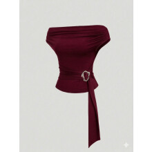 Top da donna a spalle scoperte con fibbia in metallo, tinta unita, rosso, taglia XS