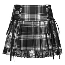 Lace Plaid Pleated Bodycon Mini Skirt,Black,S