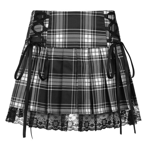 Lace Plaid Pleated Bodycon Mini Skirt,Black,S