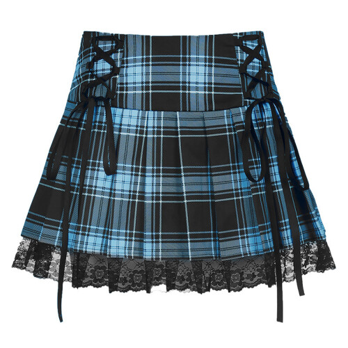 Lace Plaid Pleated Bodycon Mini Skirt,Blue,M