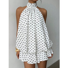 Abito corto asimmetrico da donna con scollo all'americana, schiena scoperta e senza maniche, bianco, taglia L