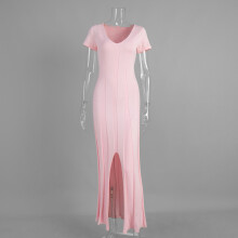 Abito lungo aderente da donna a maniche corte in maglia con scollo a V e spacco, rosa, taglia L