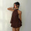 Women's Vacation Fitted Backless Halter Tie Waist Solid Dress,Brown,S 1