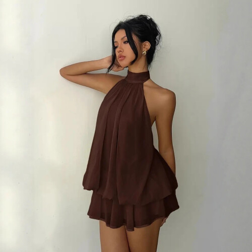 Women's Vacation Fitted Backless Halter Tie Waist Solid Dress,Brown,S