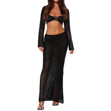 Long Sleeve Tie-Waist Bodycon Knit Maxi Dress,Black,L