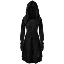 Schwarzes, einfarbiges Festivalkleid mit Kapuze, langen Ärmeln und Bindeband vorne, Größe 2XL