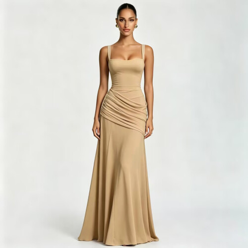 Women's Solid Low-cut Pleated Camisole Dress,Ginger,M