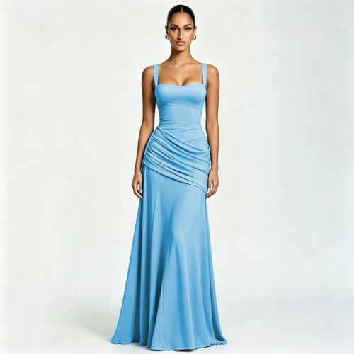 Women's Solid Low-cut Pleated Camisole Dress,Sky Blue,XL