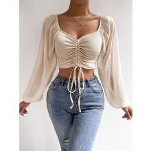 Chemisier ajusté à manches lanternes et cordon de serrage pour femme, abricot, taille 2XL