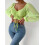 Women's Drawstring Lantern Sleeve Fitted Blouse,Fluorescent Green,S 1