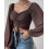 Camicetta da donna aderente con maniche a lanterna e coulisse, marrone scuro, taglia L 1