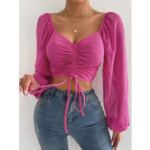 Damebluse med snøring og lanterneermer, tettsittende, roserød, 2XL