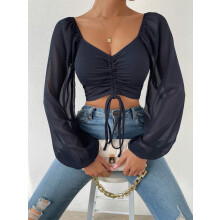 Camicetta da donna aderente con coulisse e maniche a lanterna, blu navy, taglia 3XL