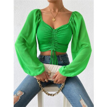 Camicetta da donna aderente con maniche a lanterna e coulisse, verde erba, L