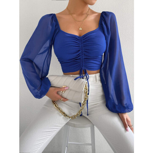 Women's Drawstring Lantern Sleeve Fitted Blouse,Blue,M