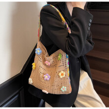 Large capacity floral tote bag for commuting, women's spring/summer openwork knitted bag, shoulder bag.