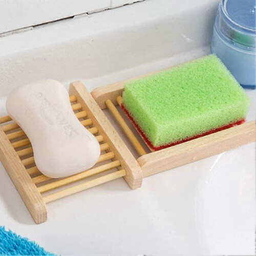 Conjunto de 2 saboneteiras de bambu natural feitas à mão, para duche e lavatório, com design ventilado e secagem rápida 2