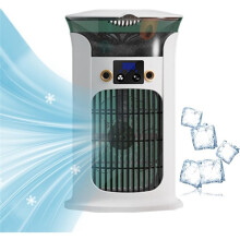 Ventilatore da tavolo portatile bianco, salvaspazio, con porta USB e luce LED colorata, ideale per casa, ufficio e camera da letto.