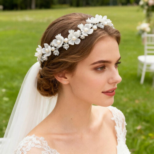 Bandolete de acrílico com pérolas e cristais, estilo elegante para festas e penteados, confortável e leve 1