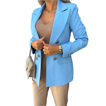Dames Blazerjas met Lange Mouwen, Casual Jas met Dubbele Rij Knopen voor Kantoor, Werk en Vakantie-Outfits Hemelsblauw L