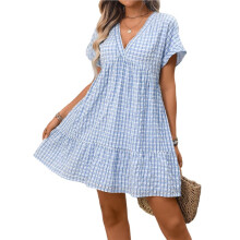 Kobiece Sukienki Typu Babydoll z Dekoltem w Serek, w Kratę, Zwiewne, Letnie, z Krótkim Rękawem, Luźna, Swobodna, Letnia, Sukienka-Tunika