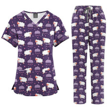 (45001-12-S) Women's V-Neck Scrub Set, Comfort Stretch Fabric, Functional Pockets, Printed Medical Uniform