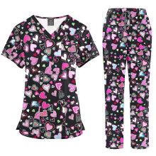 (45001-16-L) Conjunto de uniforme médico para mujer con cuello en V, tejido elástico y cómodo, bolsillos funcionales, estampado.