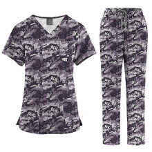 (45001-4-XL) Conjunto de uniforme médico para mujer con cuello en V, tejido elástico y cómodo, bolsillos funcionales, estampado.
