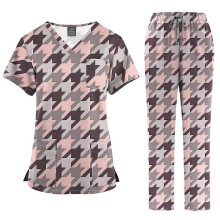 (45001-2-XXL) Conjunto de uniforme médico para mujer con cuello en V, tejido elástico y cómodo, bolsillos funcionales, estampado.