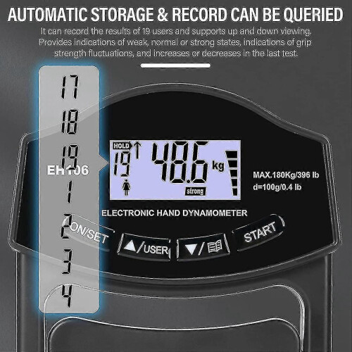 Handgrijpkrachtmeter, 396 lbs/180 kg digitale handdynamometer met USB-aansluiting en LCD-scherm. 1