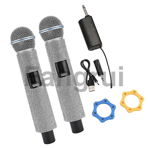 Microfone dinâmico sem fios portátil para karaoke com 2 microfones compatíveis 2