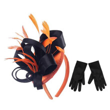 (dark orange) Vintage British Style Fascinator Hat & Gloves Set Rose Red with Alligator Clip for Wedding