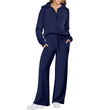 Damen 2-Teiliges Outfit Herbstmode Flughafen Weite Hose Lounge-Set Freizeit Reise Urlaubskleidung Jogginganzug Dunkelblau S