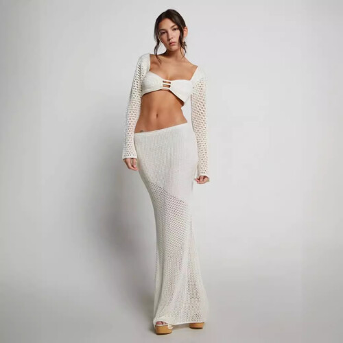 Langärmliges, tailliertes Strick-Maxikleid mit Bindegürtel, Grün, Größe S 2