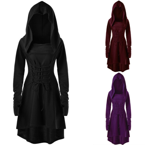 Solid Long Sleeve Hooded Tie-Front Festival Dress,Blue,M 1