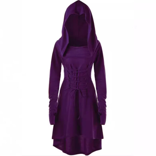 Solid Long Sleeve Hooded Tie-Front Festival Dress,Blue,M 2