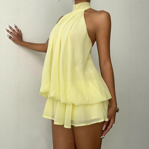 Women's Vacation Fitted Backless Halter Tie Waist Solid Dress,Apricot,S 2