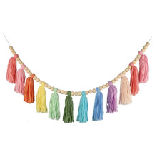 (Colorful tassels) Guirlanda Artesanal de Madeira com Franjas de Algodão, Decoração de Parede para Sala Quarto Escritório