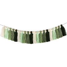 (Green and white) Guirlanda Artesanal de Madeira com Franjas de Algodão, Decoração de Parede para Sala Quarto Escritório