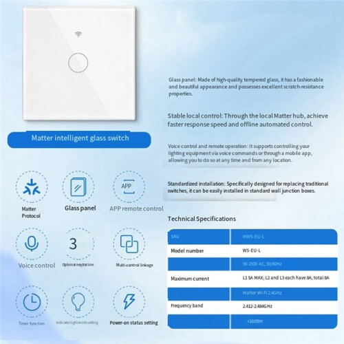 Tuya  Matter Light  WiFi EU Standard 1-Way   Glass Touch Panel APP Remote Control Voice Black 1