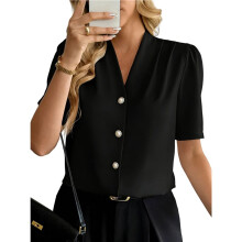 Women Blouses Dressy Casual Summer Short Sleeve Button Down Shirts Business Work Tops Black L